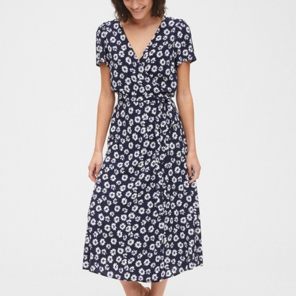 Gap Midi Wrap Dress, Navy Floral, XS